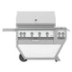 Freestanding gas grill with light gray control panel, stainless steel body, side shelf