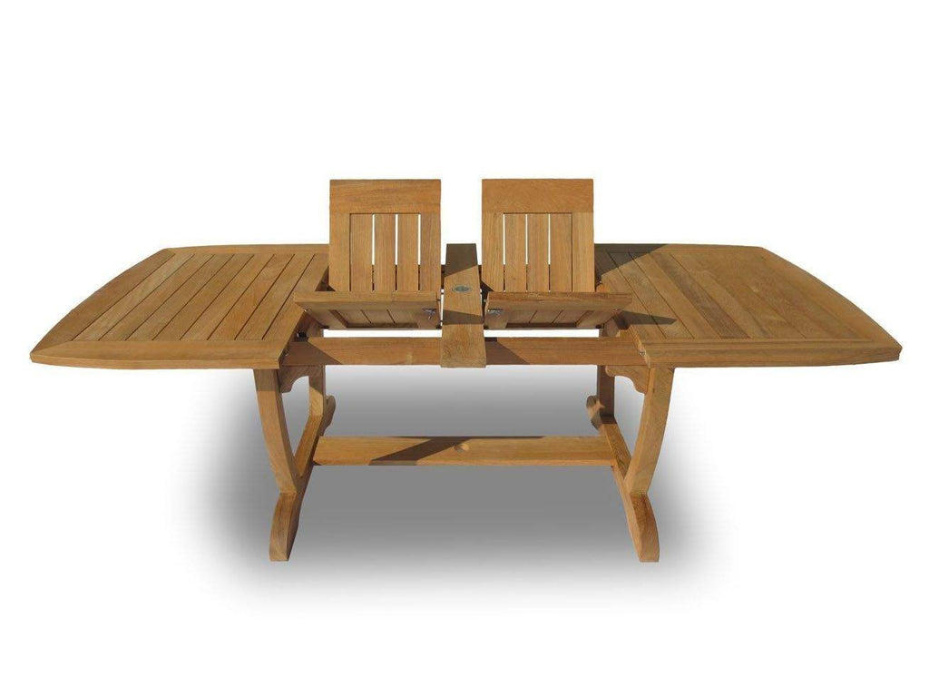 Teak expansion dining table with open center and raised double side leaves, slatted top