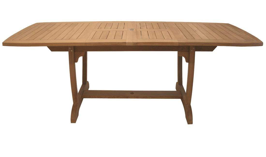 Teak double-leaf expansion dining table with slatted rectangular top and four legs