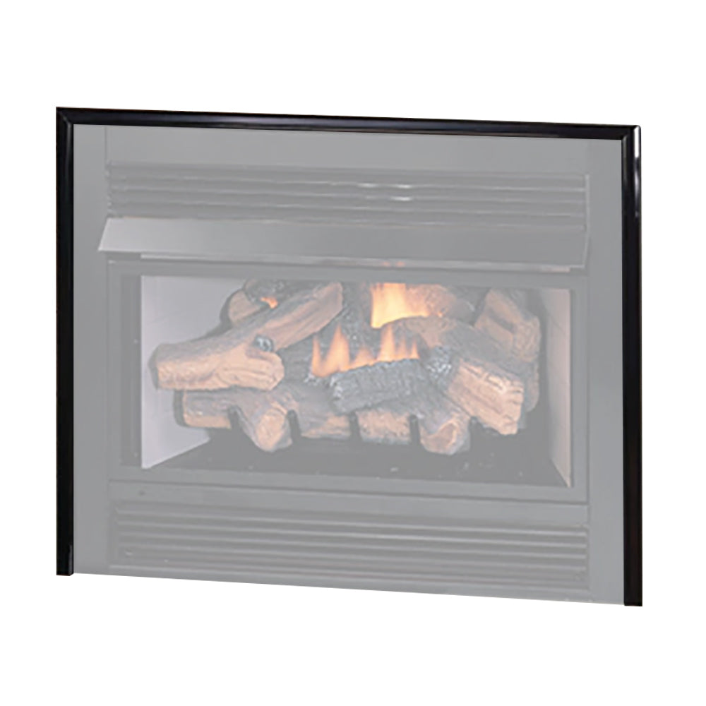 Perimeter trim kit with black outer frame and gray interior trim for fireplace opening