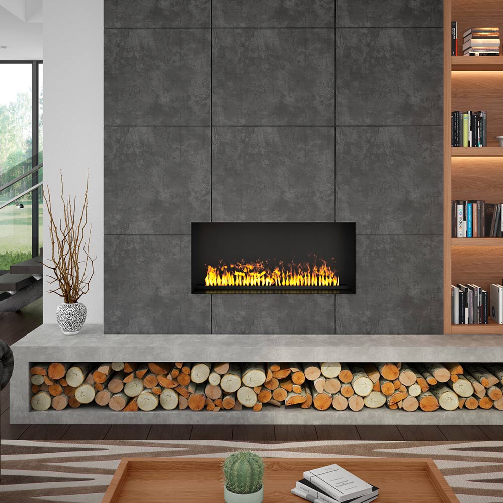 Built-in electric fireplace insert with low glowing amber flame strip