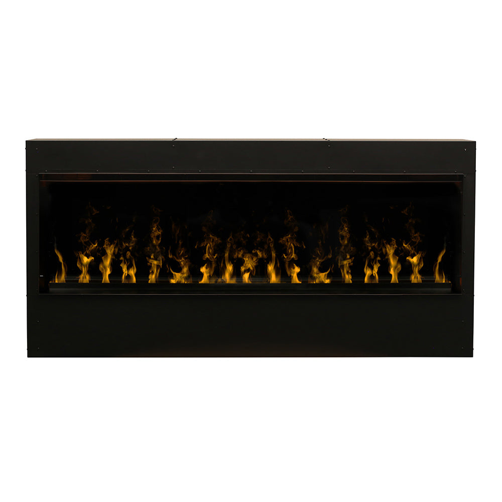 Built-in electric fireplace insert showing flickering amber flames