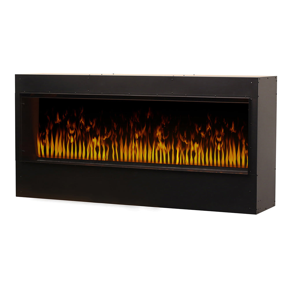Built-in electric fireplace with bright yellow-orange flame effect