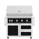 Freestanding gas grill with black control panel and stainless doors and drawers