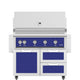 Freestanding gas grill with dark blue control panel and stainless doors and drawers