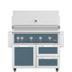 Freestanding gas grill with blue-gray control panel and stainless doors and drawers