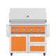 Hestan 42-inch freestanding gas grill with orange control panel and side doors