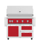 Freestanding gas grill with red control panel and stainless doors and drawers