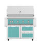 Hestan 42-inch freestanding gas grill with teal control panel and side doors