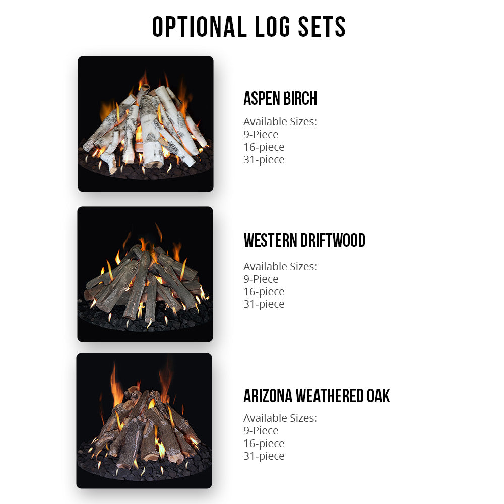 Optional fire pit log set options showing different burning firewood arrangements