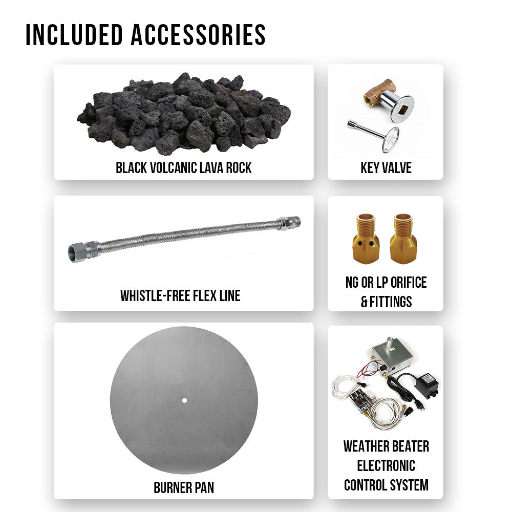 Fire pit accessory set with black lava rock, key valve, flex line, orifice fittings