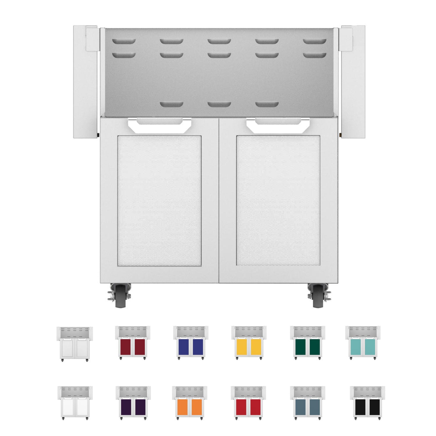 Hestan GCD30 double door cart with two open cabinet doors, stainless frame, four shelf vents