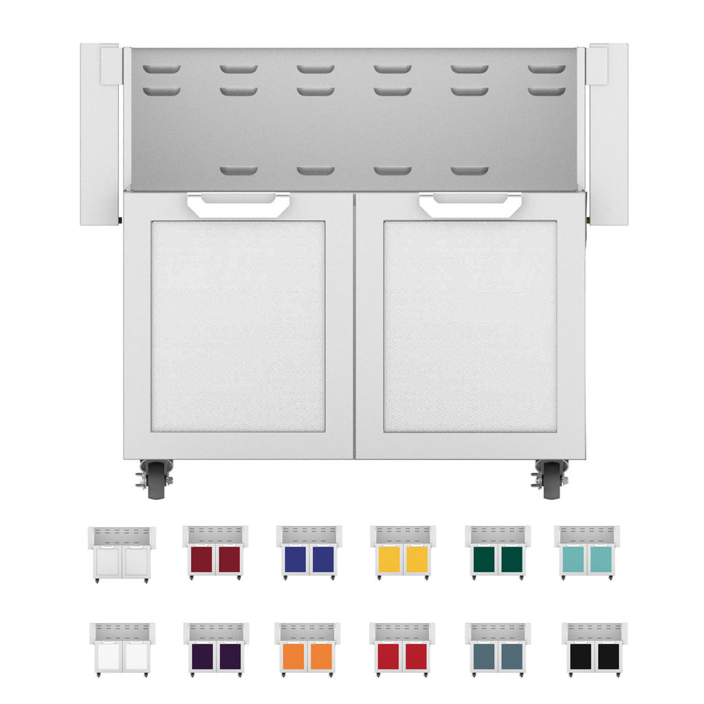 Hestan double-door grill cart with vented top and two cabinet doors, multicolor view