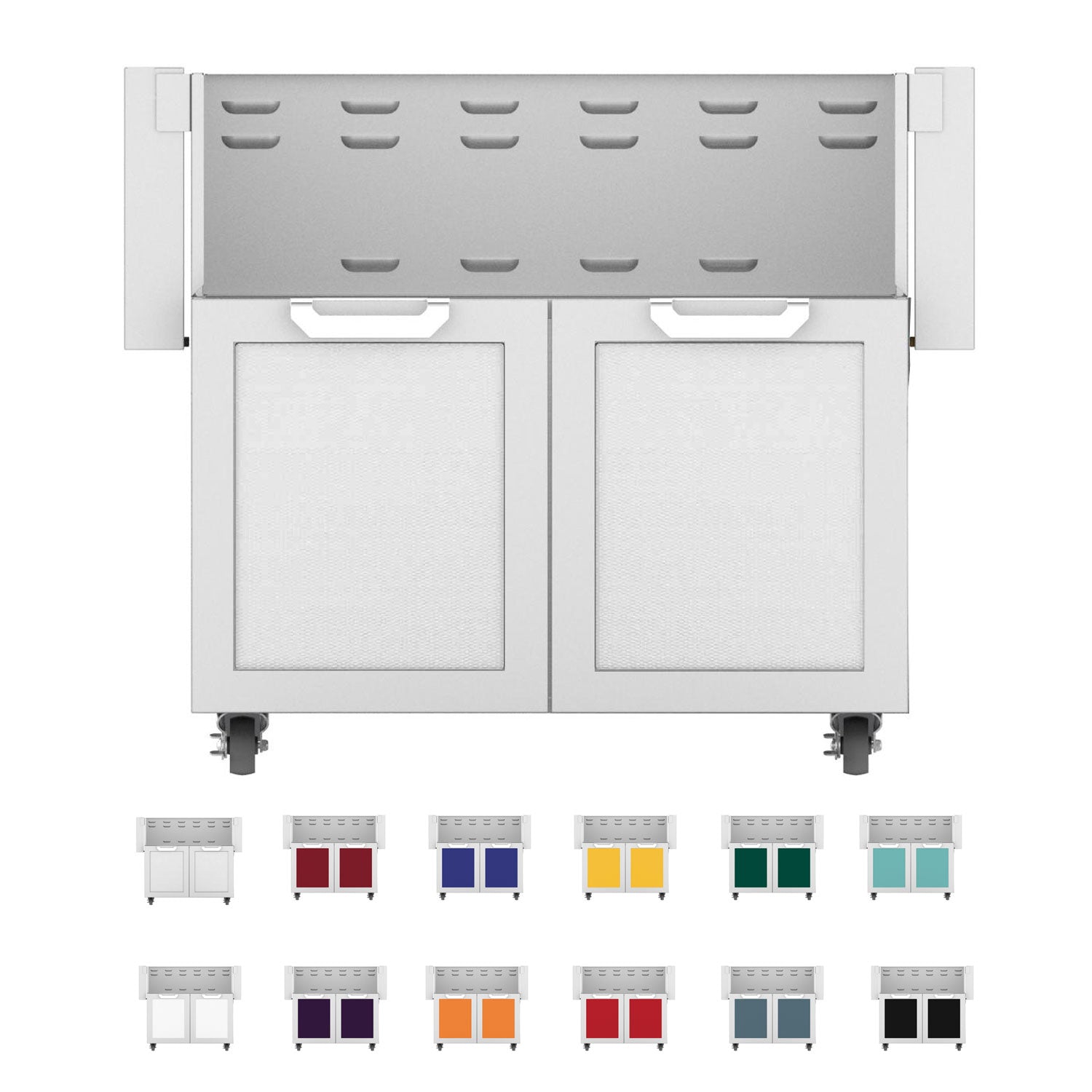 Hestan double-door grill cart with vented top and two cabinet doors, multicolor view