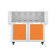 Hestan double-door grill cart with two orange cabinet doors and vented top