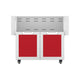 Hestan double-door grill cart with two red cabinet doors and vented top