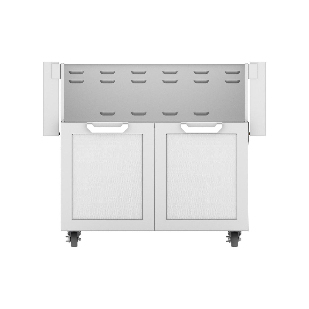 Hestan double-door grill cart with two white cabinet doors and vented side panel