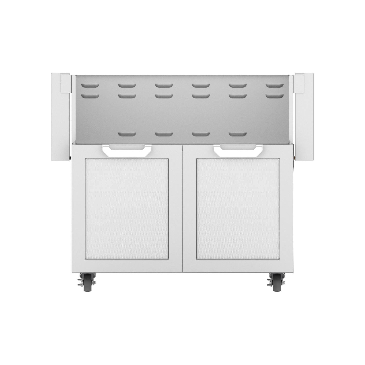 Hestan double-door grill cart with two white cabinet doors and vented side panel