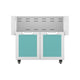 Hestan double-door grill cart with two teal cabinet doors and vented top