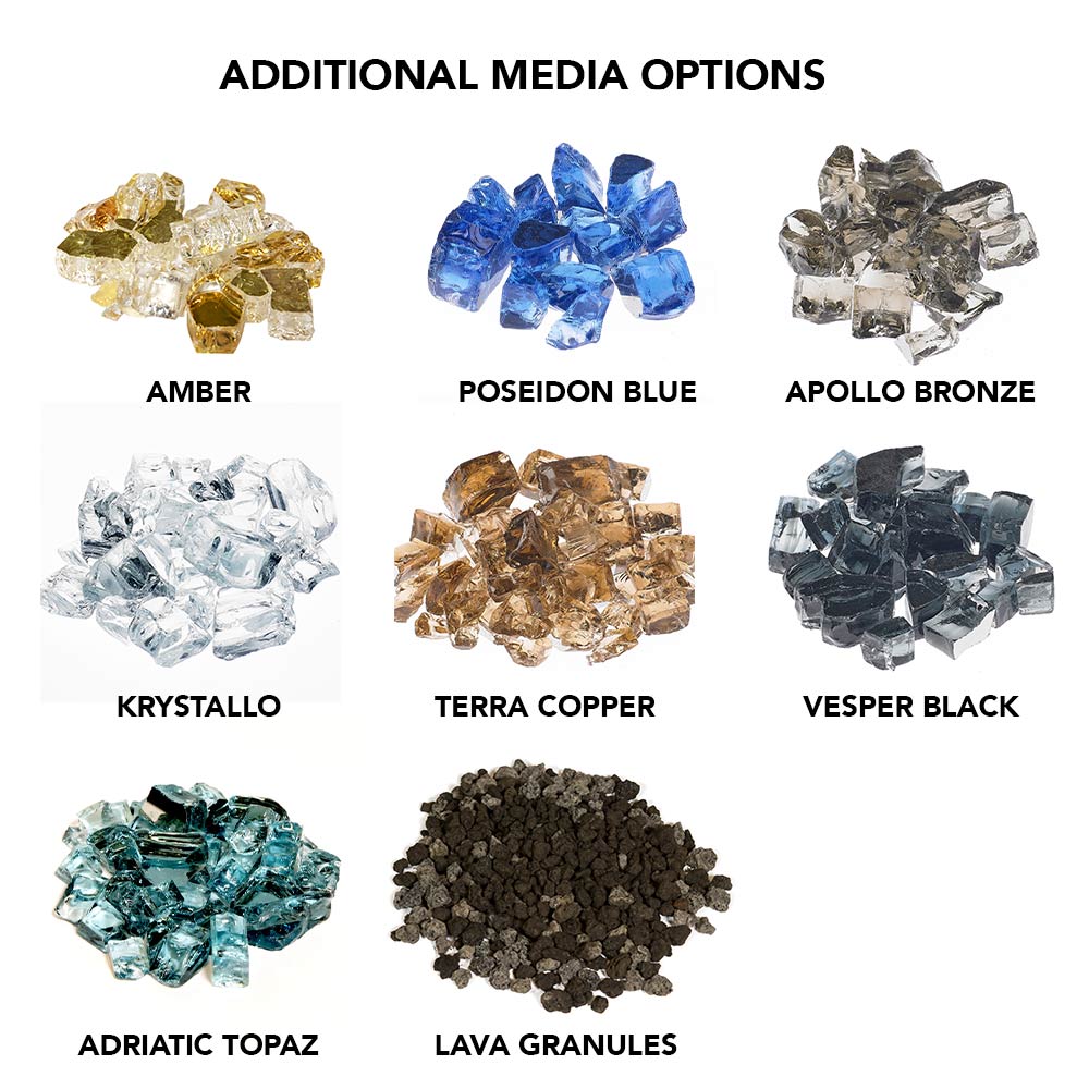 Additional media options display with amber, Poseidon blue, apollo bronze, Krytstallo, terra copper