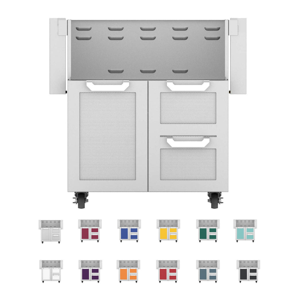 Stainless steel cart with two drawers and two open cabinet doors, gray interior panels