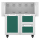 Stainless steel cart with green drawers and two-door cabinet, open top storage bins