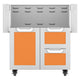 Stainless steel cart with orange drawers and two-door cabinet, open top storage bins