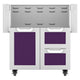 Stainless steel cart with purple drawers and two-door cabinet, open top storage bins