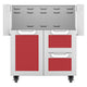 Stainless steel cart with red drawers and two-door cabinet, open top storage bins