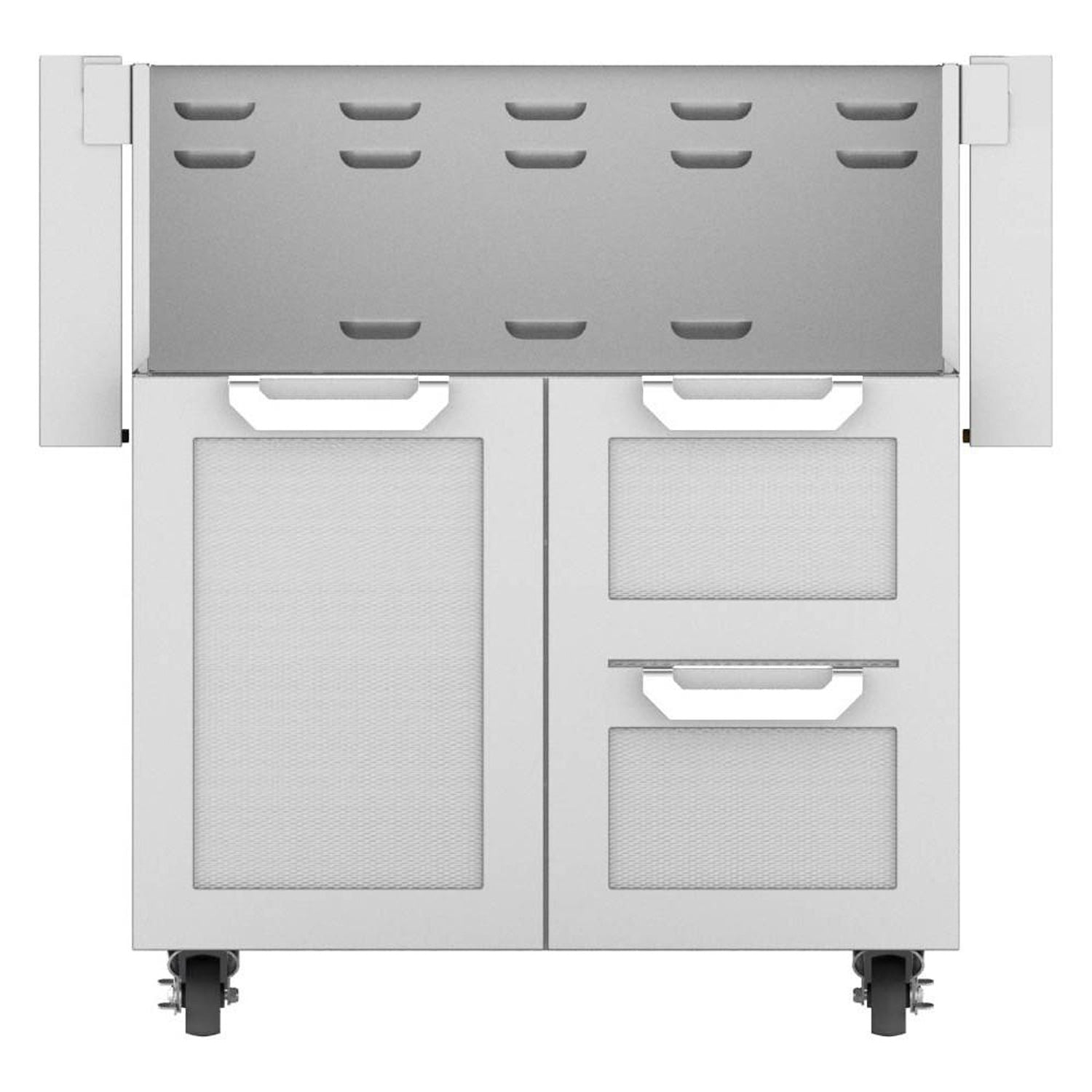 Stainless steel cart with two drawers and two-door cabinet, vented upper backsplash