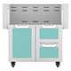 Stainless steel cart with teal drawers and two-door cabinet, open top storage bins