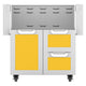 Double drawer and door cart with two open drawers, yellow panels, white frame
