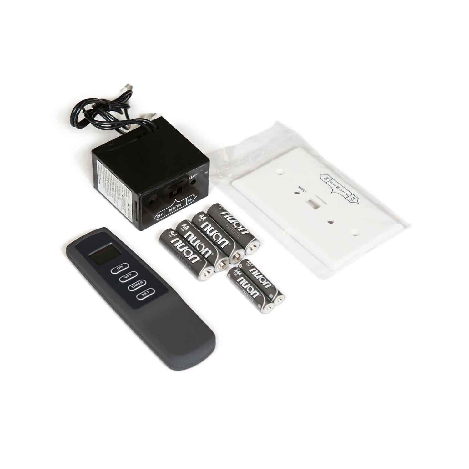 Gas log remote control kit with black handheld remote, receiver, batteries, and wall plate