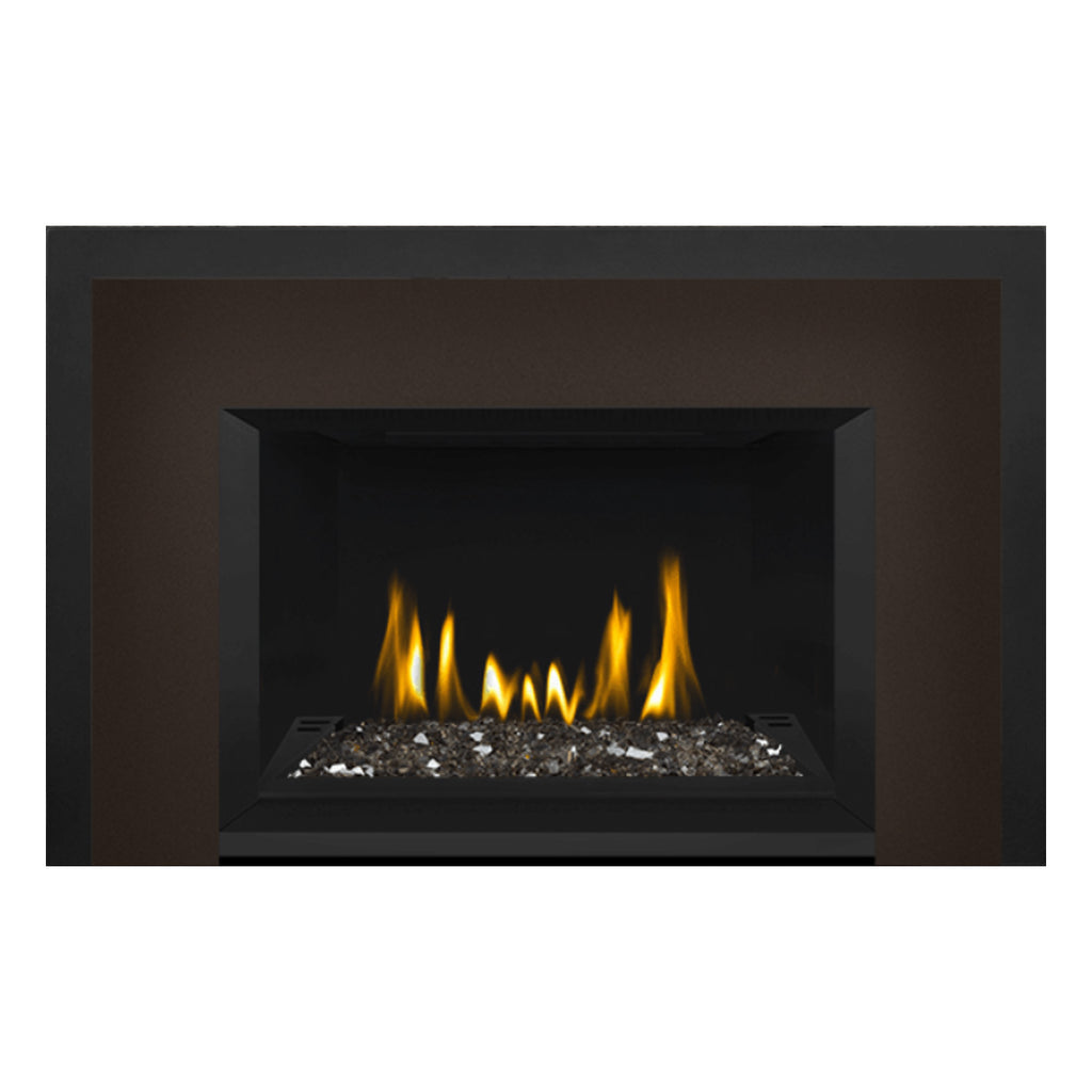 Direct vent gas fireplace insert with glass ember bed in black surround, flames glowing.