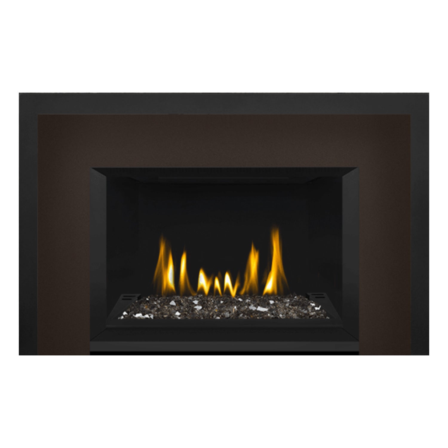 Direct vent gas fireplace insert with glass ember bed in black surround, flames glowing.