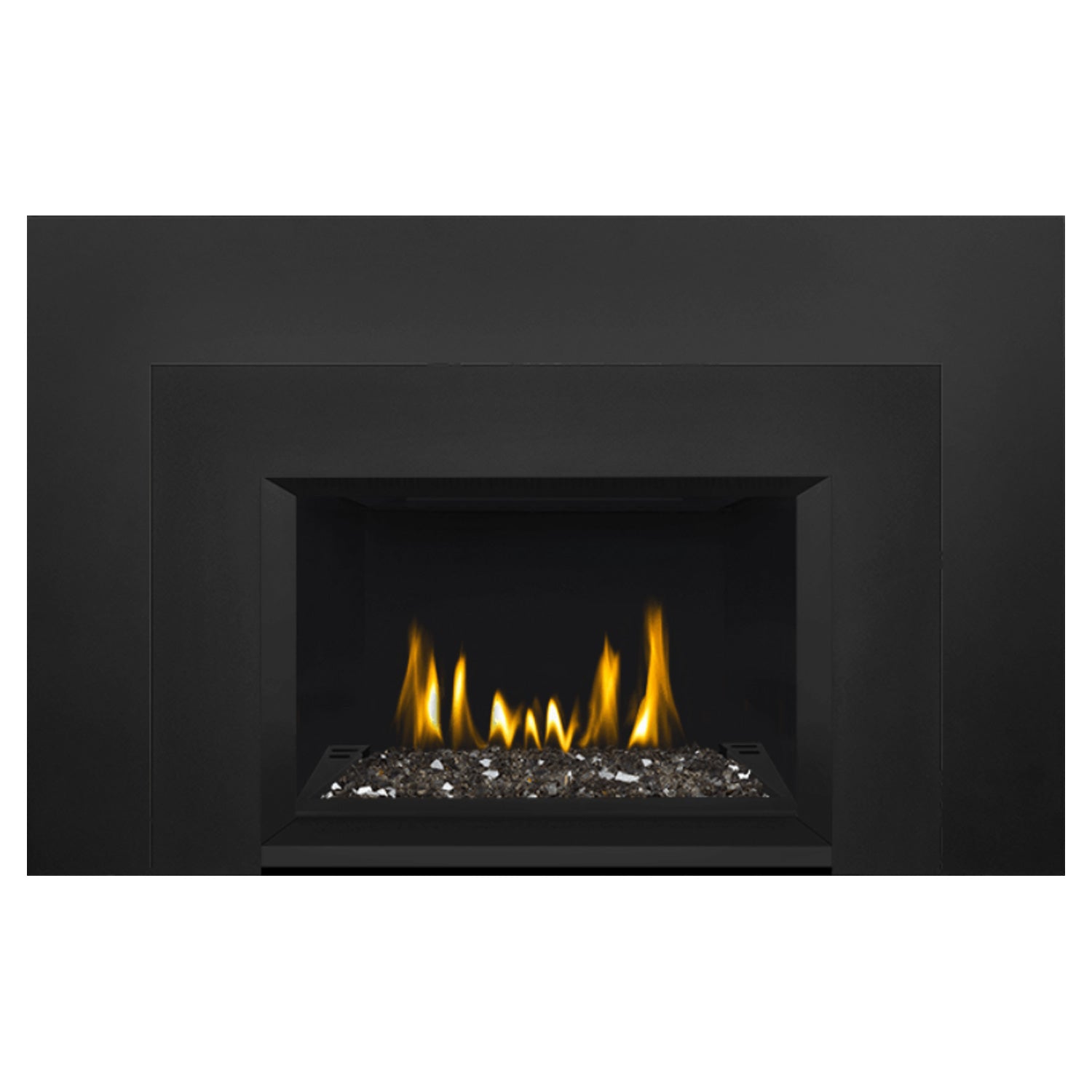 Direct vent gas fireplace insert with glass ember bed, black firebox showing active flames.
