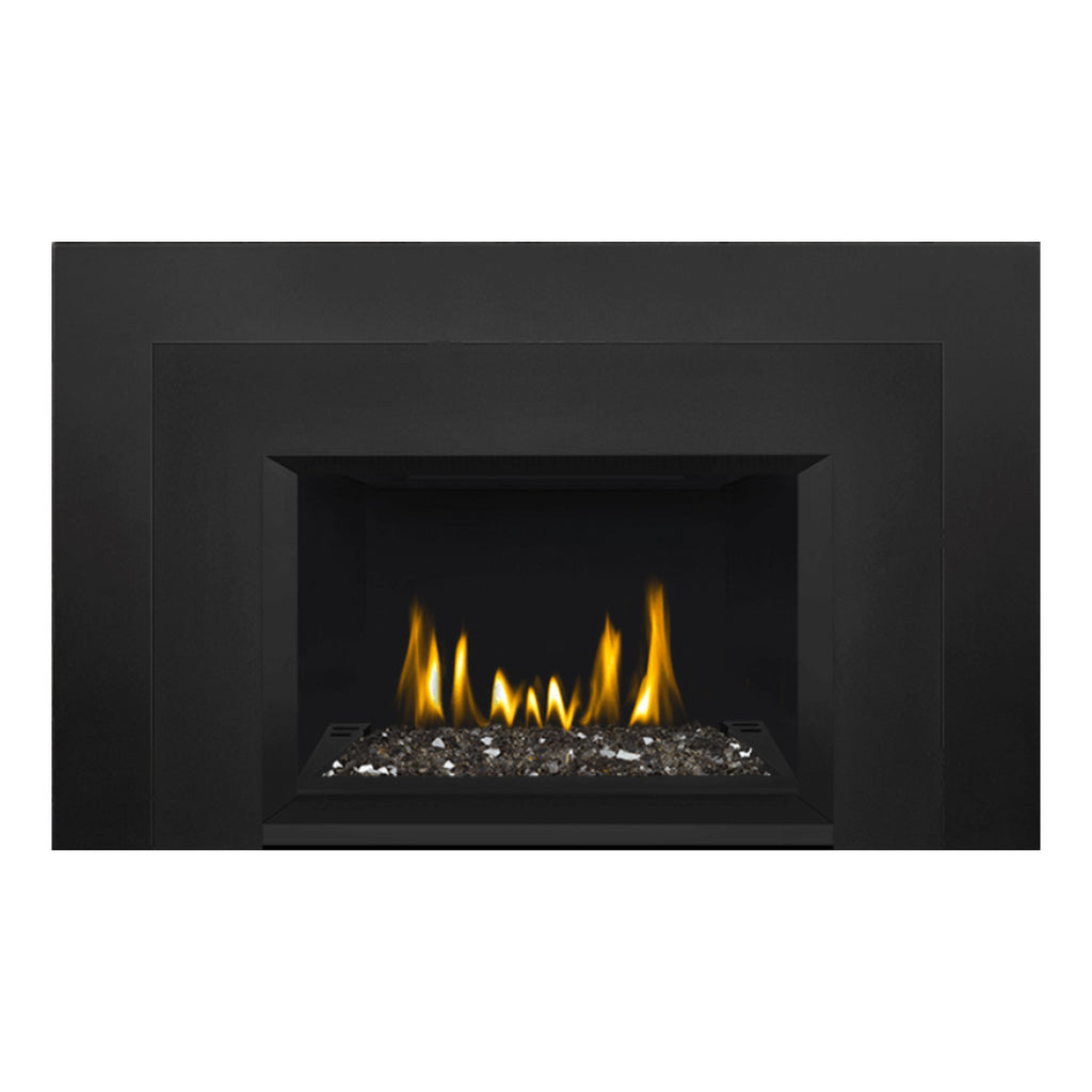 Direct vent gas fireplace insert with glass ember bed, black frame and visible burner flames.