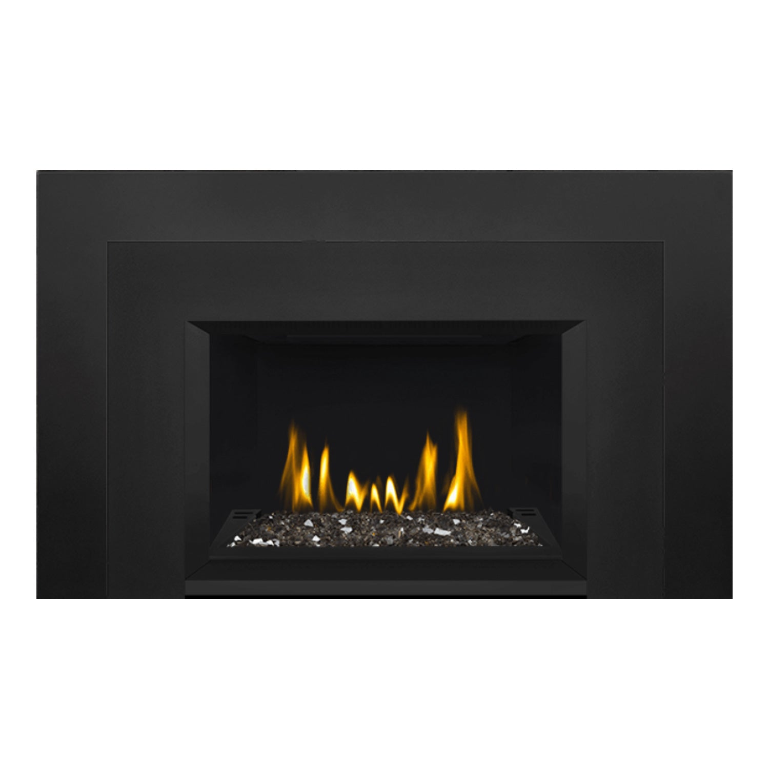 Direct vent gas fireplace insert with glass ember bed, black frame and visible burner flames.