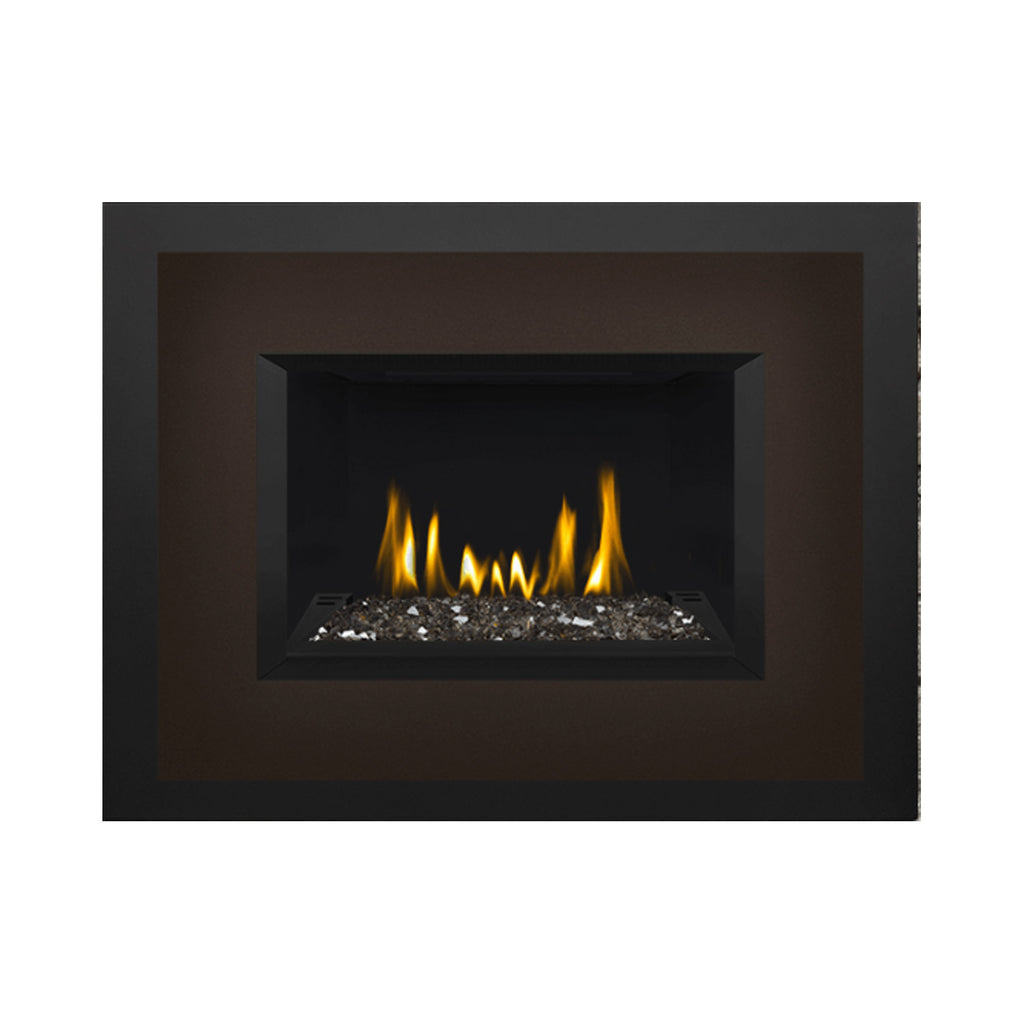 Direct vent gas fireplace insert with glass ember bed and visible flames