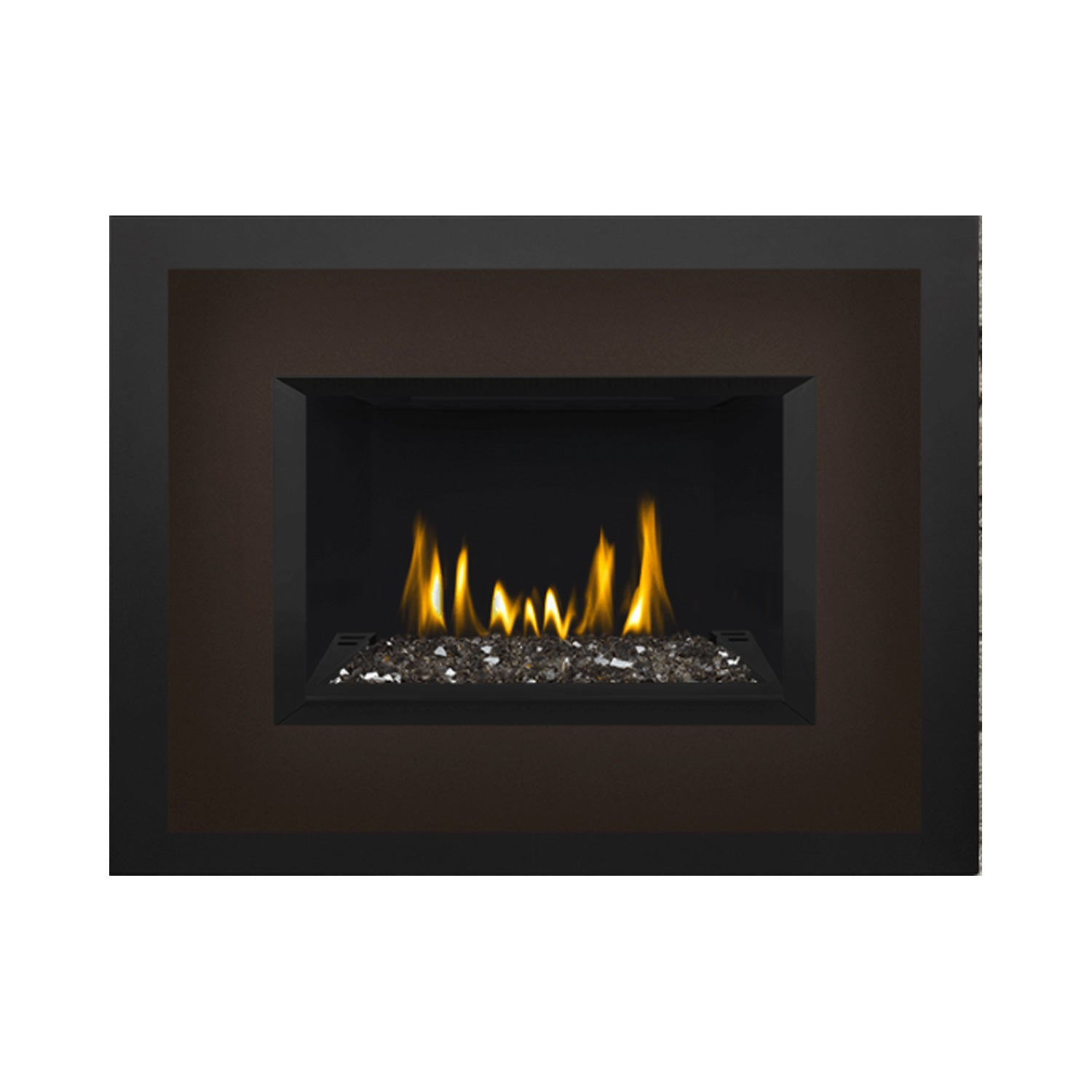 Direct vent gas fireplace insert with glass ember bed and visible flames