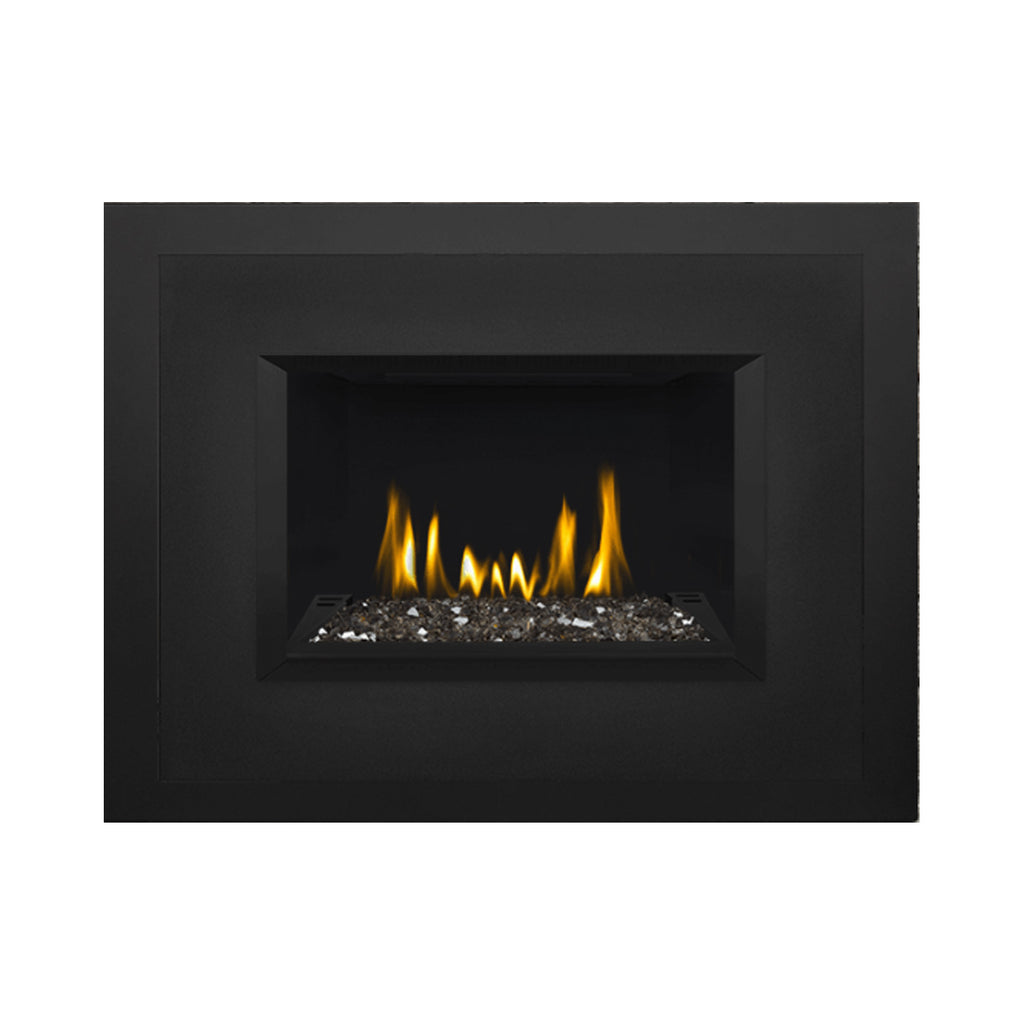 Direct vent gas fireplace insert with glass ember bed and visible flames