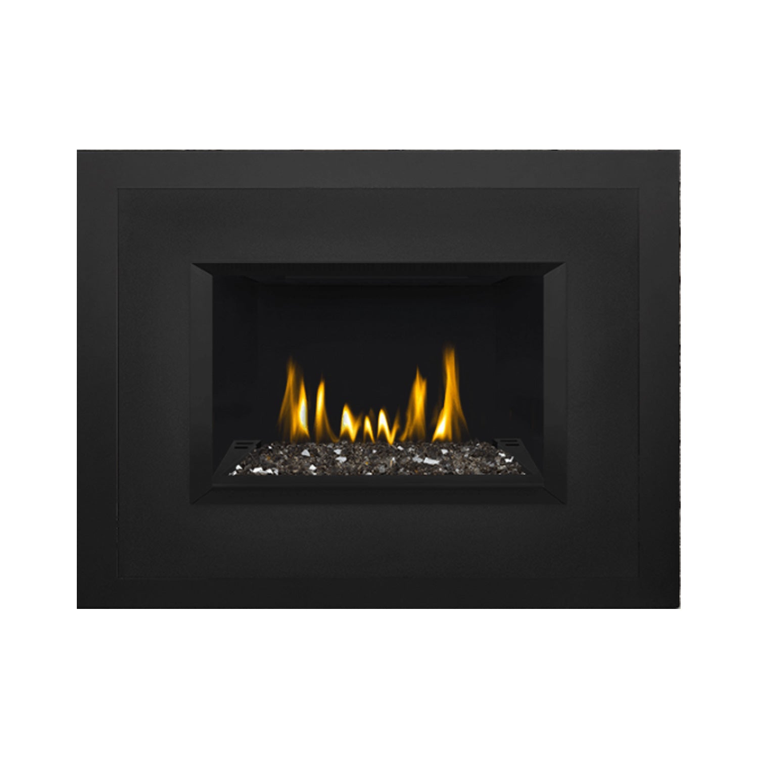 Direct vent gas fireplace insert with glass ember bed and visible flames