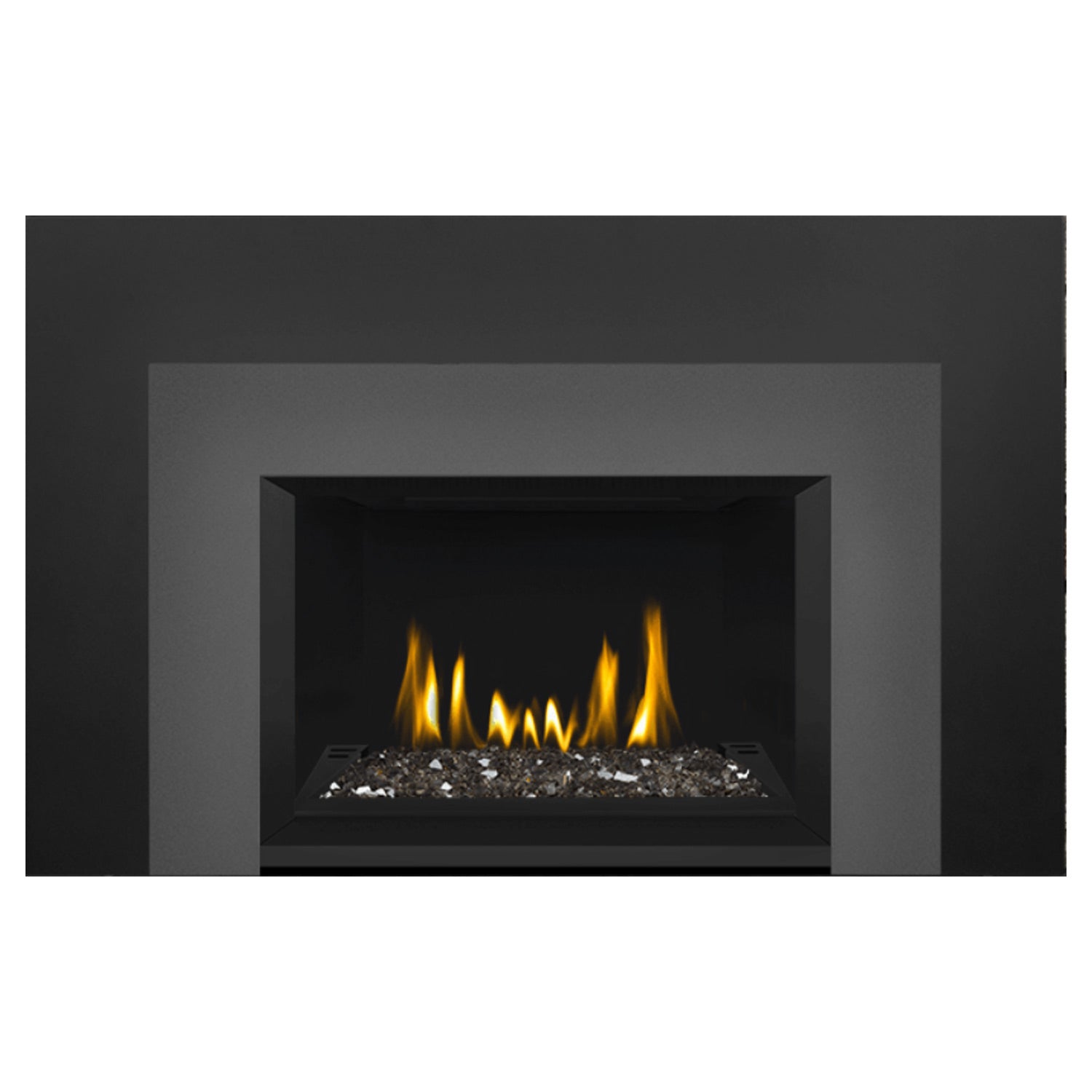 Direct vent gas fireplace insert with glass ember bed and visible flames