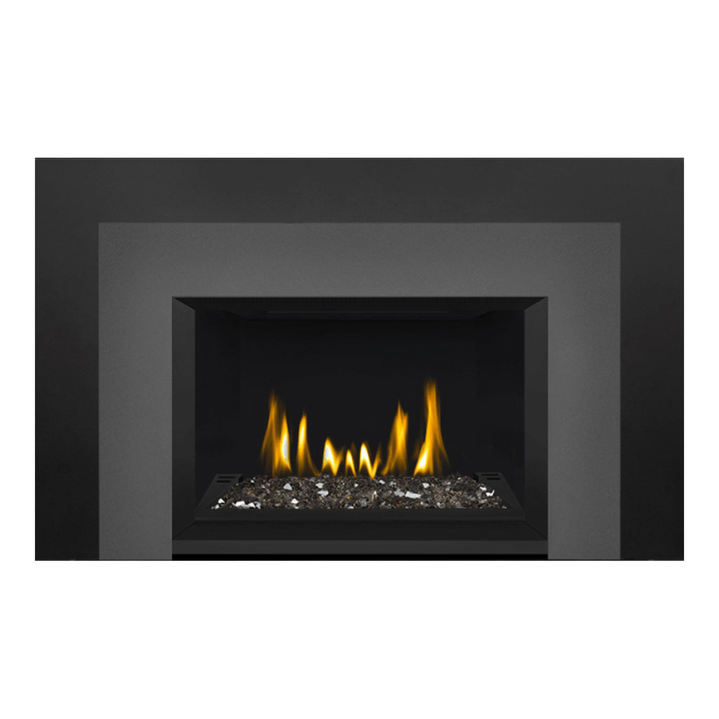 Direct vent gas fireplace insert with glass ember bed and visible flames