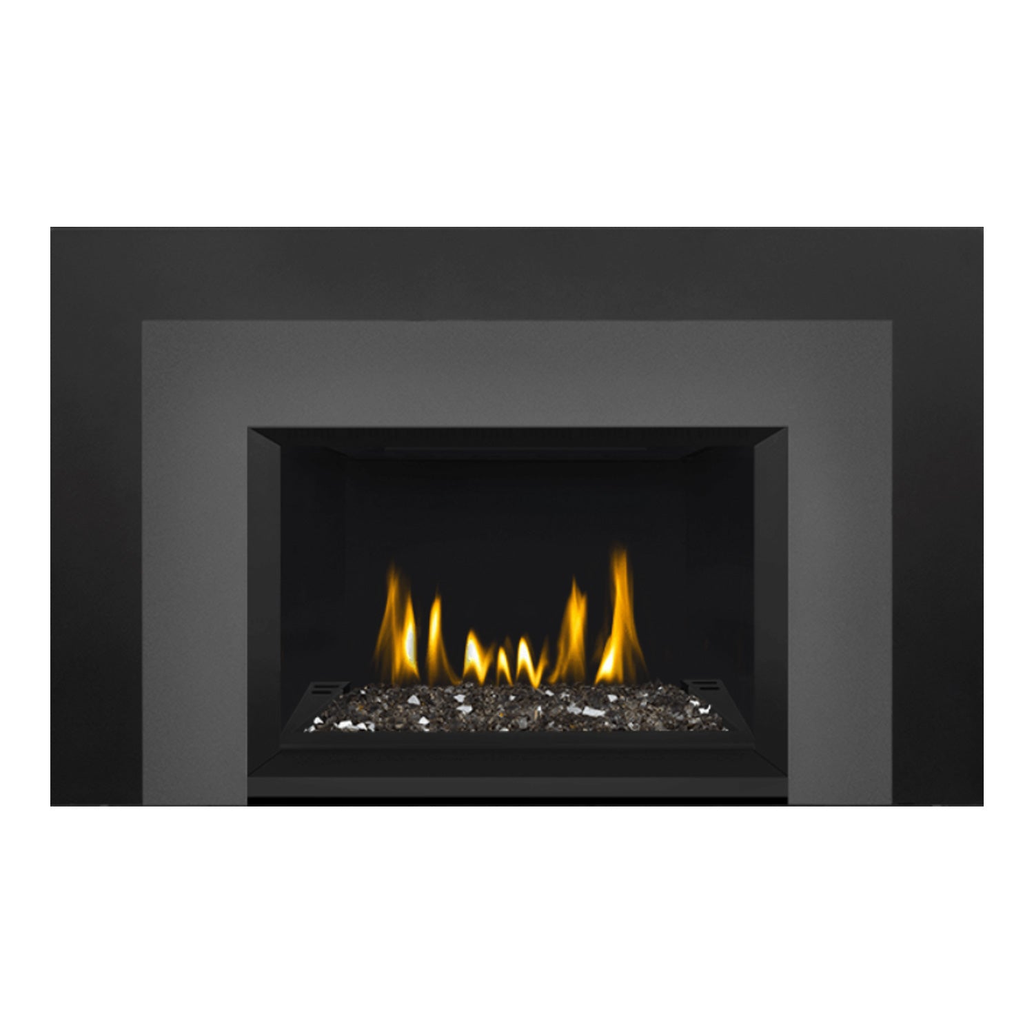 Direct vent gas fireplace insert with glass ember bed and visible flames