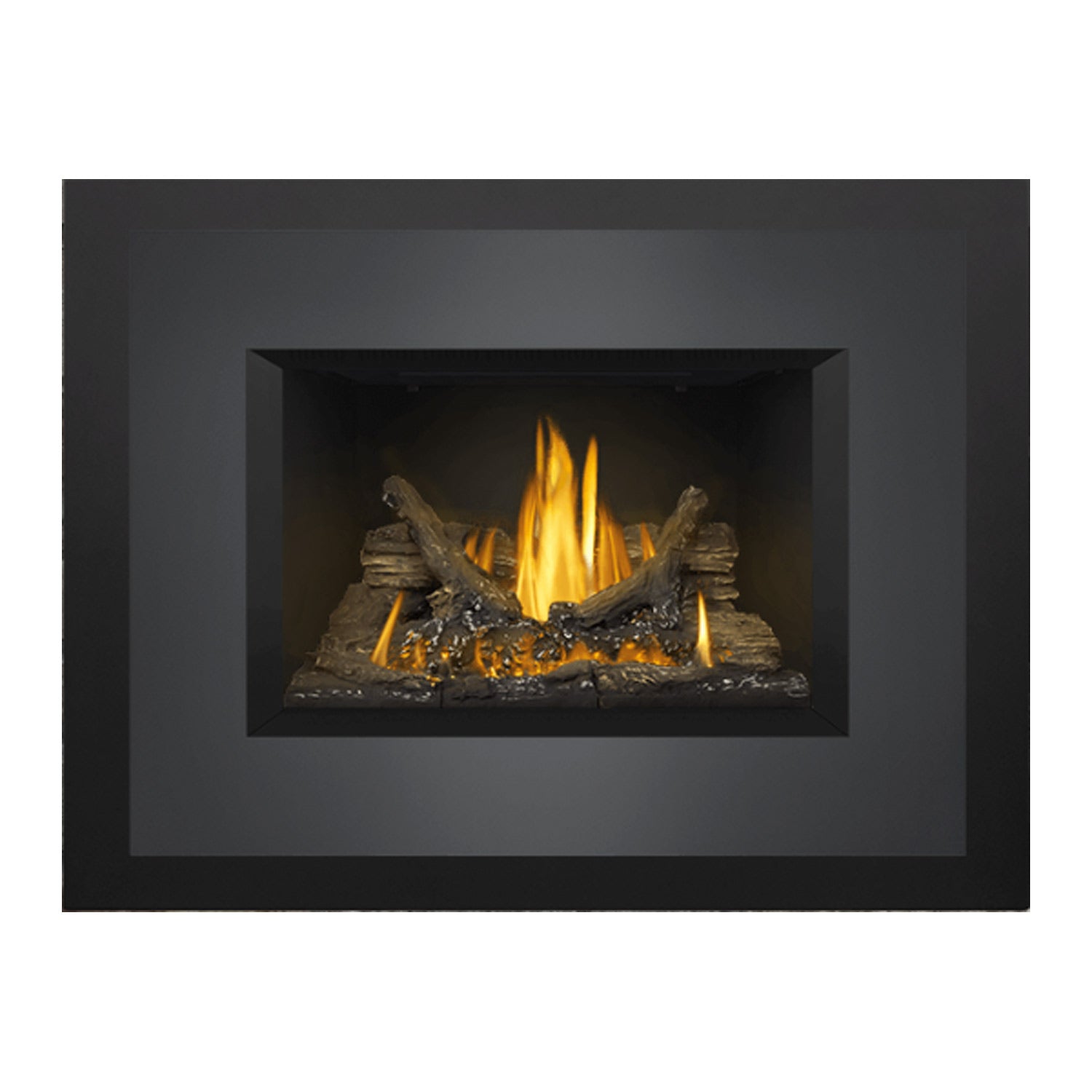 Direct vent gas fireplace insert with log-style ember bed, glass accents, and flames