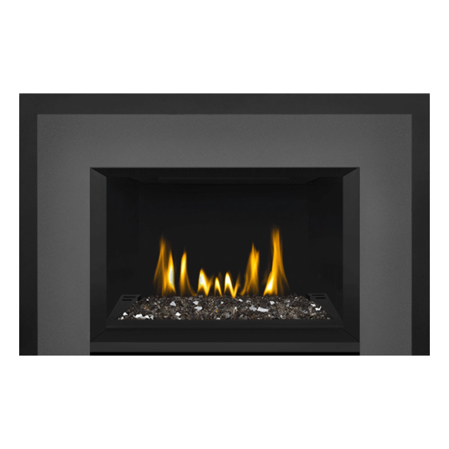 Direct vent gas fireplace insert with glass ember bed in black frame, flames in center.