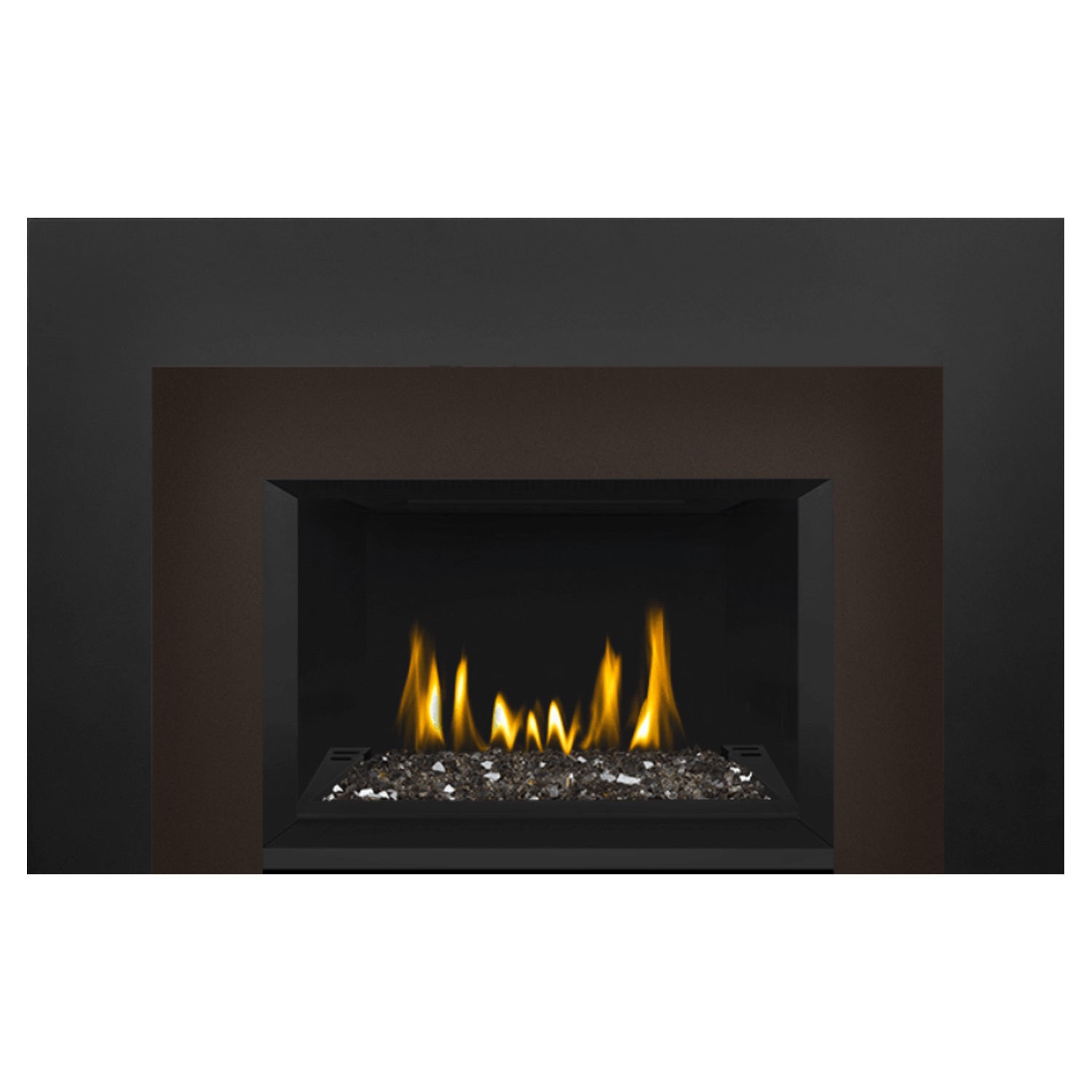 Direct vent gas fireplace insert with glass ember bed, black opening with burning flames.