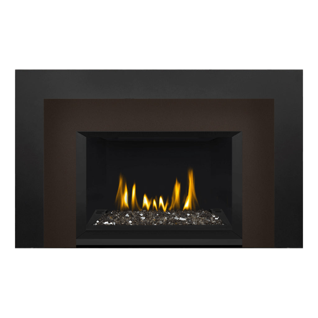 Direct vent gas fireplace insert with glass ember bed and black surround, visible fire.
