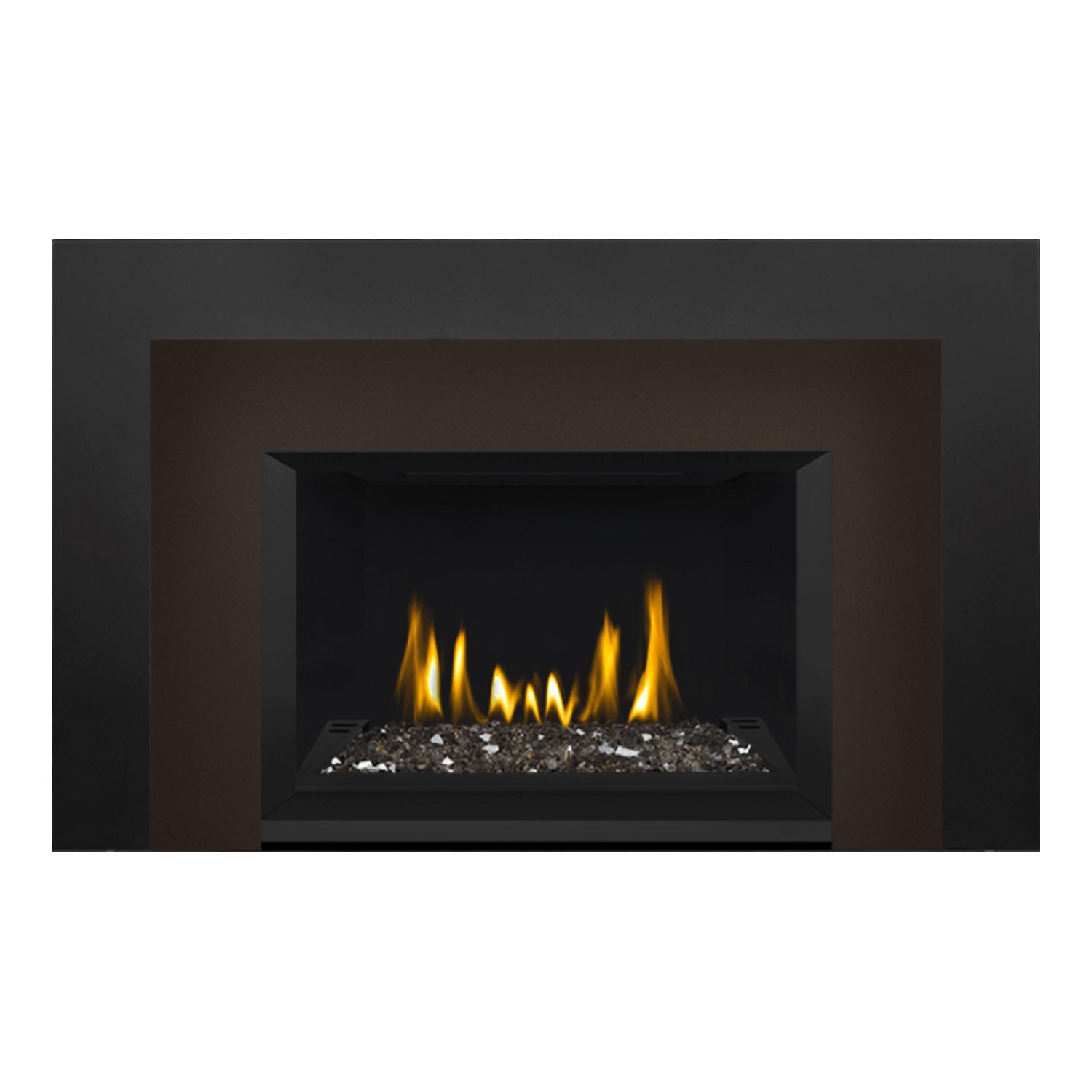 Direct vent gas fireplace insert with glass ember bed and black surround, visible fire.